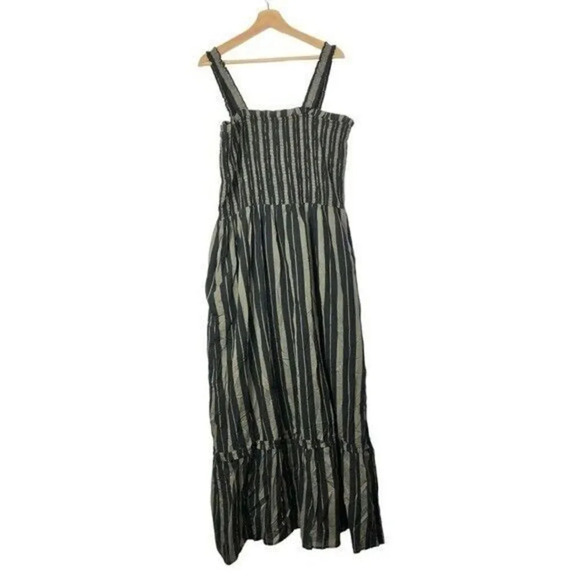 Refinity Green & Black Maxi Stripe Safari Smocked Maxi Dress L - Picture 4 of 6